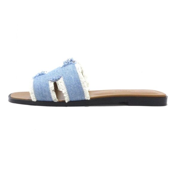 HERMES Oran Blue Claire Denim Leather Women's Sandals 989-080625 - Picture 1 of 11